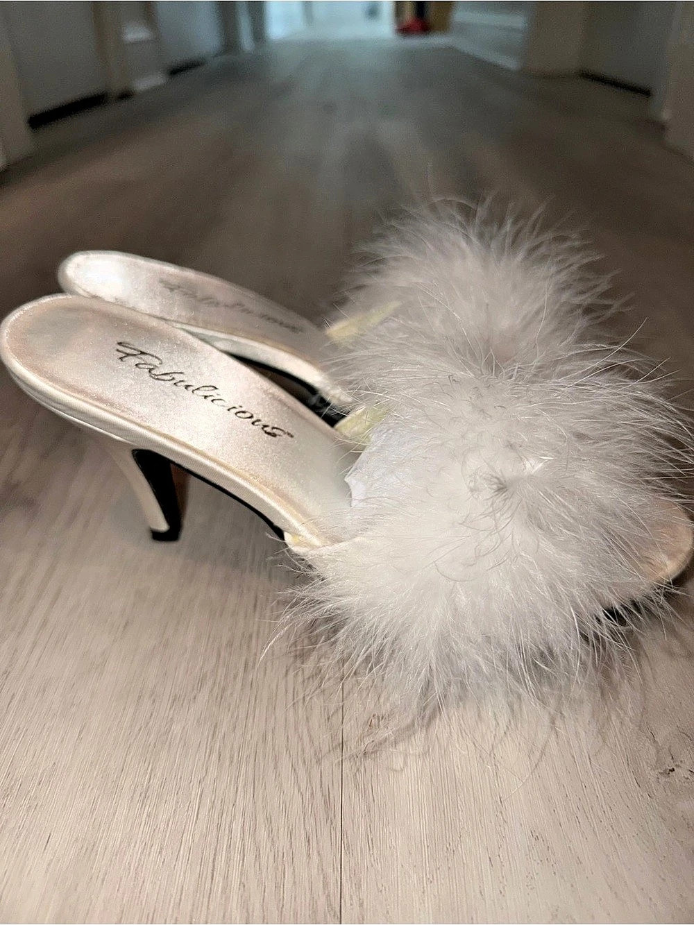 Bridal White Feather Mule Heels in White